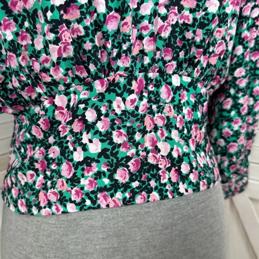 Zara Floral V-Neck Smocked Waist Crop Top Blouse Pink Green Medium‎